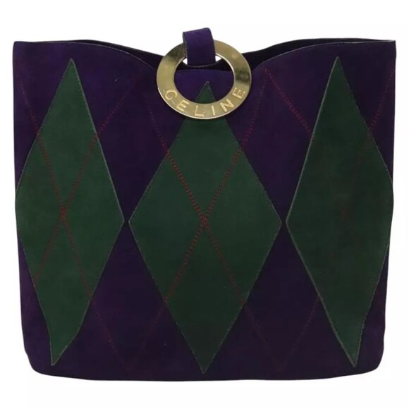 CELINE Circle Shoulder Bag Suede Purple Green gold Auth 113232 - Picture 1 of 14